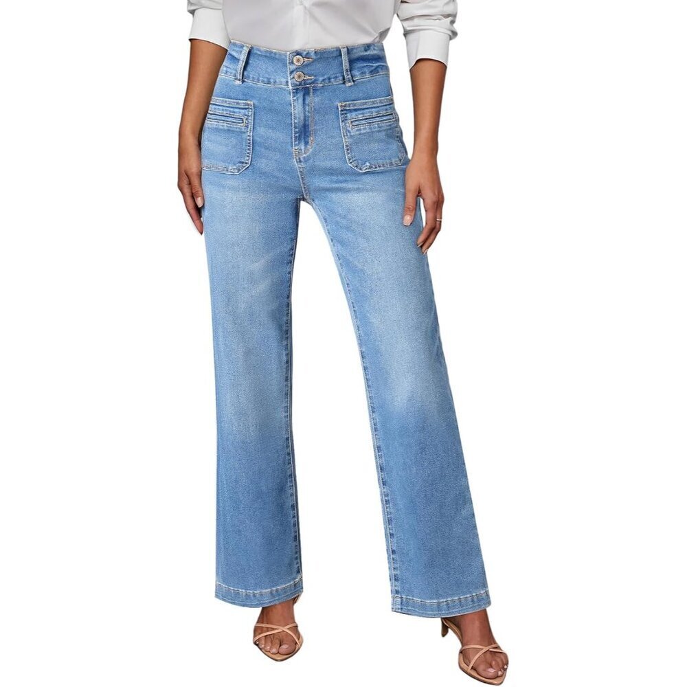 Women's High Waisted Wide Leg Jeans Tummy Control Stretchy Pockets Casual